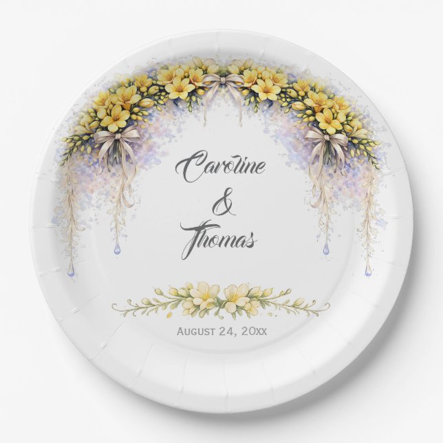 Canary Yellow Romantic Freesia  Floral Wedding Paper Plate (Front)