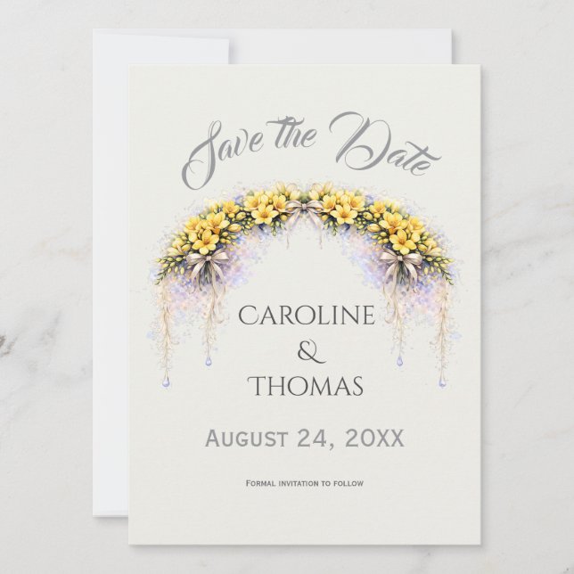 Canary Yellow Romantic Freesia  Floral Wedding Save The Date (Front)