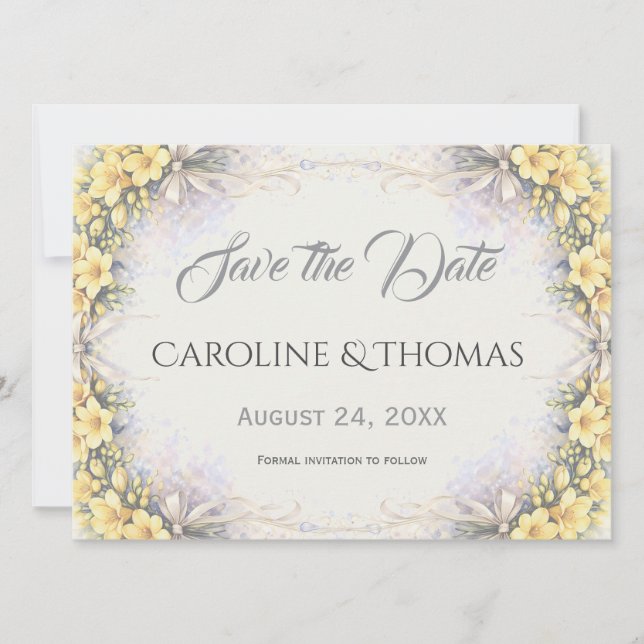 Canary Yellow Romantic Freesia  Floral Wedding Save The Date (Front)
