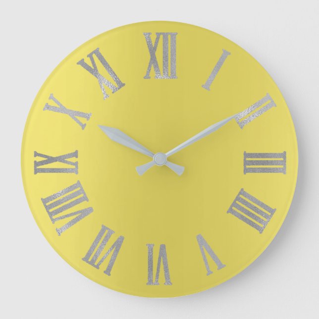 Canary Yellow Silver Grey  Metallic Roman Numers Large Clock (Front)