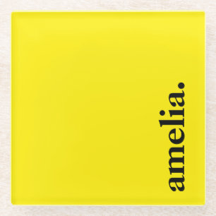 Canary Yellow Solid Colour Elegant Name Glass Coaster