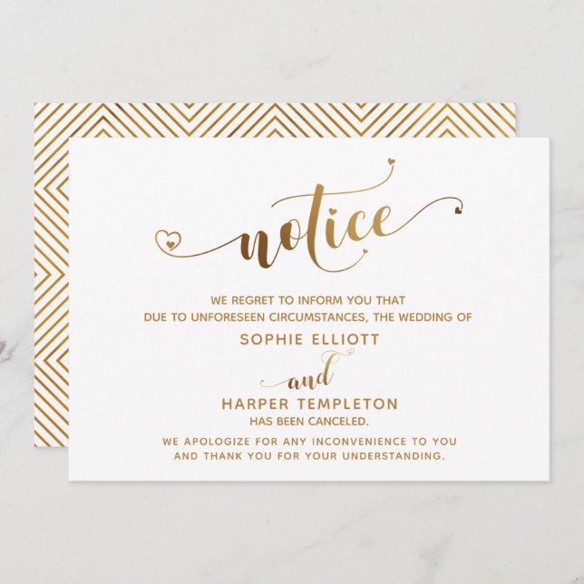 Cancelled Wedding Notice Gold Hearts Script Card (Front/Back)