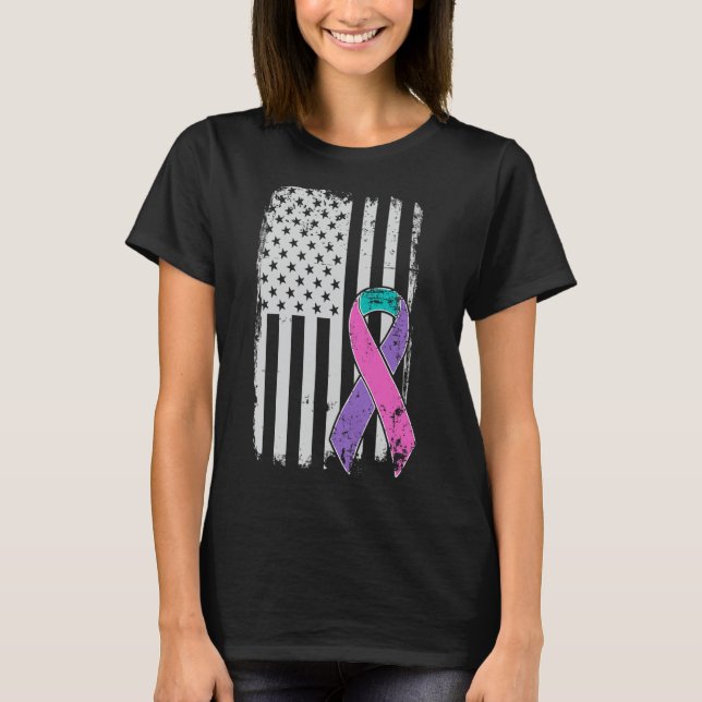 Cancer Awareness - Distressed Us American Flag  T-Shirt (Front)