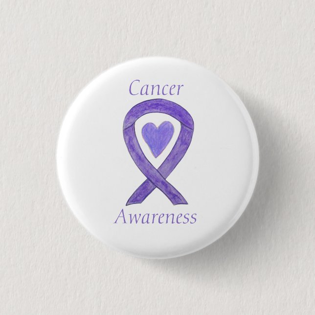 Cancer Awareness Lavender Ribbon Heart Button Pins (Front)