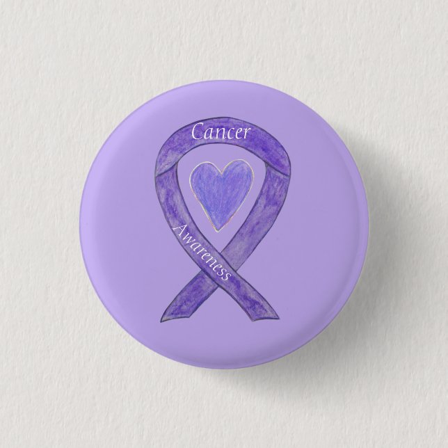 Cancer Awareness Lavender Ribbon Heart Button Pins (Front)