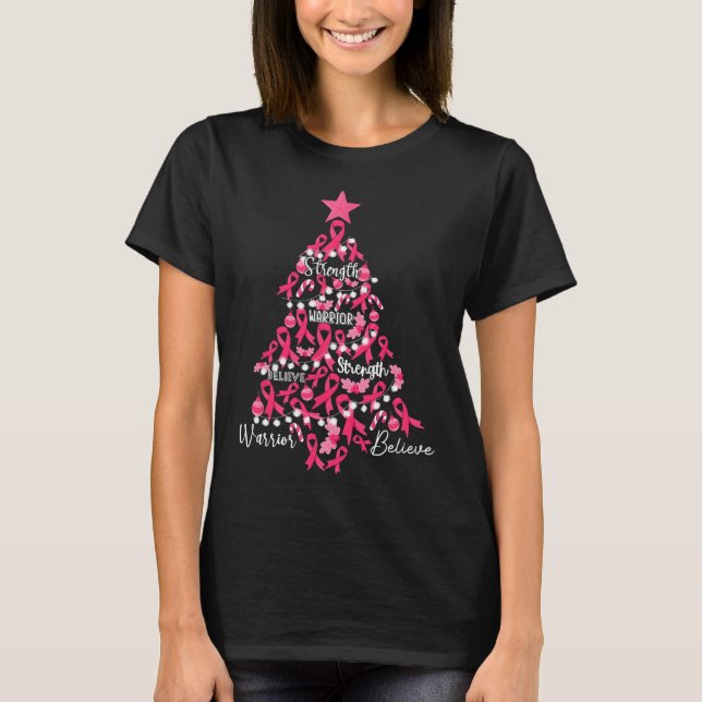 Cancer Christmas Tree Pink Ribbon Fight Awareness  T-Shirt (Front)
