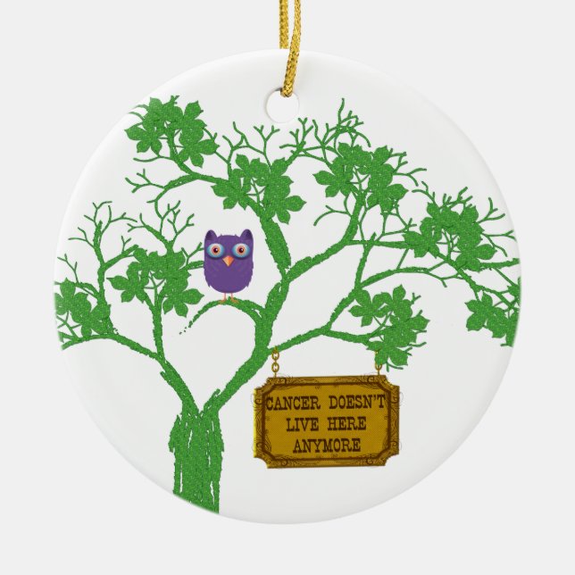 Cancer Doesn't Live Here Tree Owl Ceramic Ornament (Front)