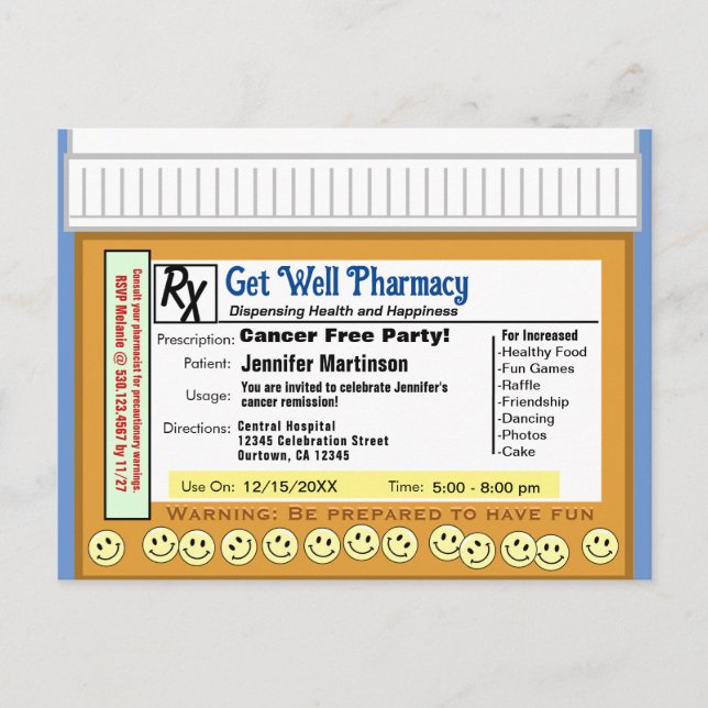 Cancer Free RX for Fun Postcard (Front)