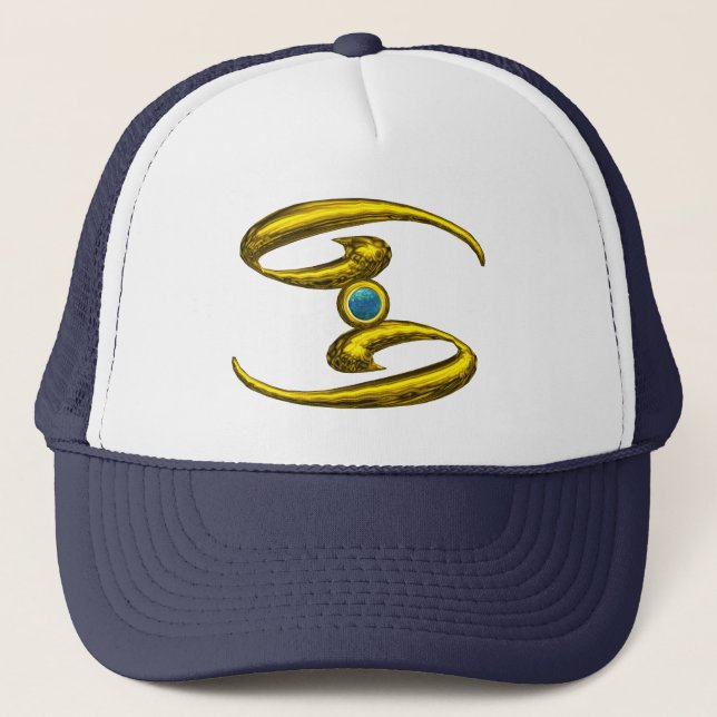 CANCER,GOLD ZODIAC BIRTHDAY JEWEL TRUCKER HAT (Front)