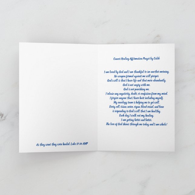 Cancer Healing Affirmation Prayer by Caleb Card (Inside)