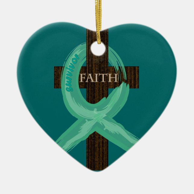 Cancer Ribbon Celebrates Faith & Remission Ceramic Tree Decoration (Front)