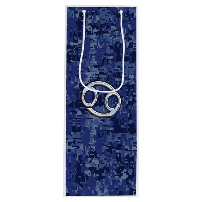 Cancer Sign on Navy Blue Digital Camouflage Wine Gift Bag (Front)