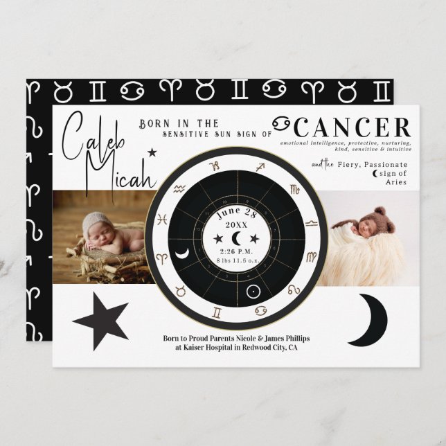 Cancer Sun & Moon Sign Zodiac Birth Announcement (Front/Back)