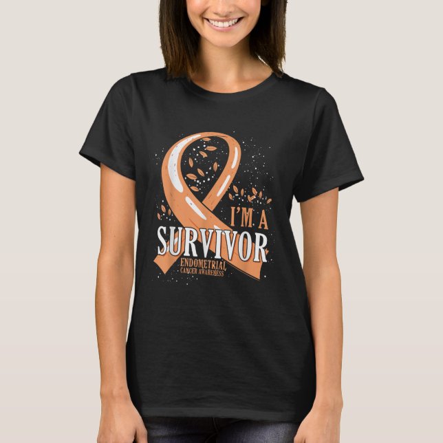 Cancer Survivor Peach Ribbon Endometrial Cancer Aw T-Shirt (Front)