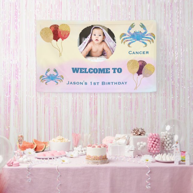 Cancer Watercolor 1st Birthday |1 Photo & Balloons Banner (Party)