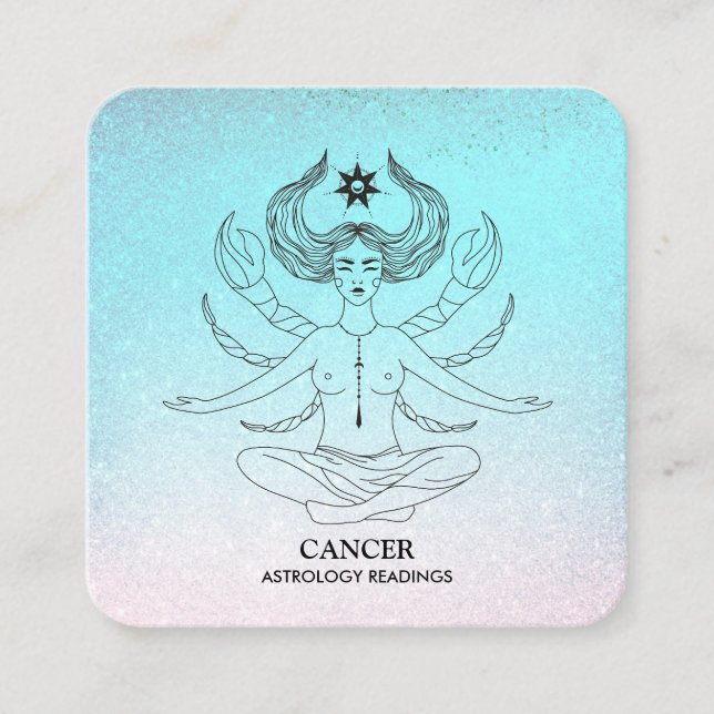 *~* CANCER - Zodiac Astrology Reading Aqua Glitter Square Business Card (Front)