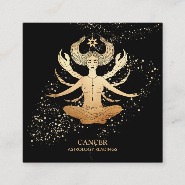 *~* CANCER Zodiac Astrology Reading Gold and Black Square Business Card (Front)