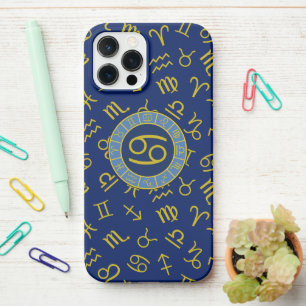 Cancer Zodiac+Astrology Symbols Pattern Gold+Blues iPhone 12 Pro Max Case