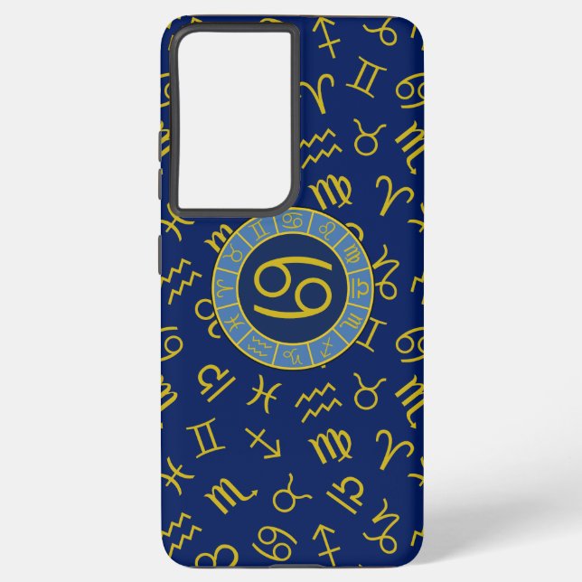 Cancer Zodiac+Astrology Symbols Pattern Gold+Blues Samsung Galaxy S21 Ultra Case (Back)