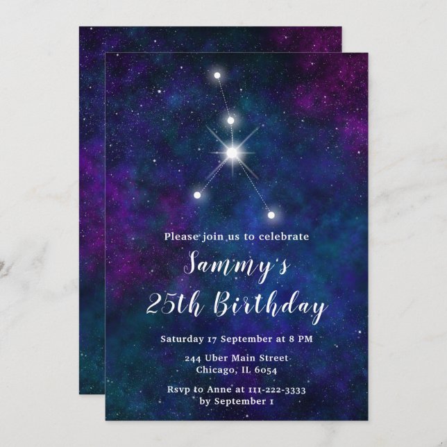 Cancer Zodiac Constellation Birthday Party Invitation (Front/Back)