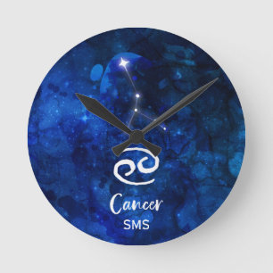 Cancer Zodiac Constellation Blue Galaxy Monogram Round Clock