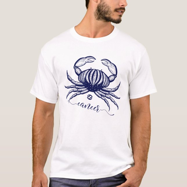 Cancer Zodiac Navy Blue Monochrome Graphic T-Shirt (Front)