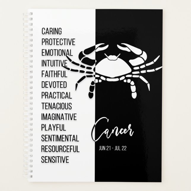 Cancer Zodiac Sign, Black & White Planner (Front)