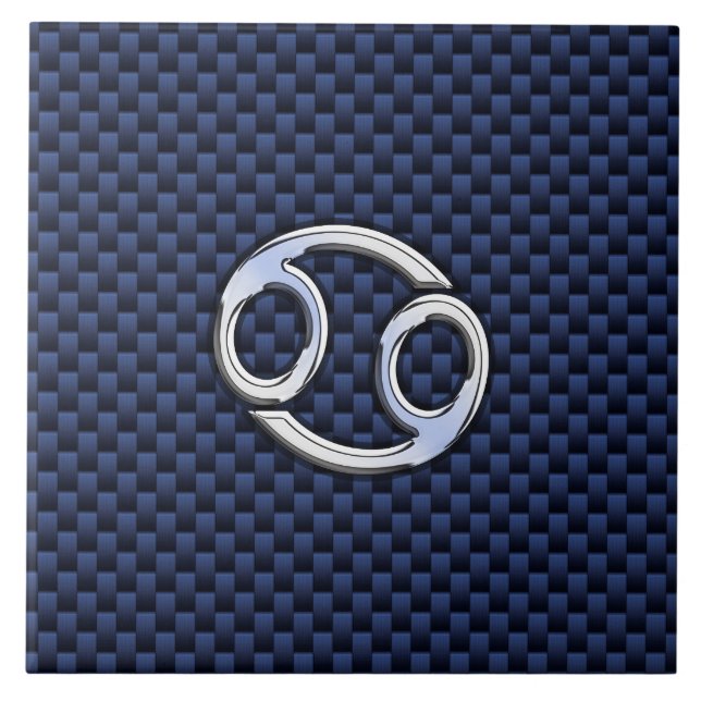 Cancer Zodiac Sign on Navy Blue Carbon Fibre Print Ceramic Tile (Front)