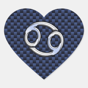 Cancer Zodiac Sign on Navy Blue Carbon Fibre Print Heart Sticker