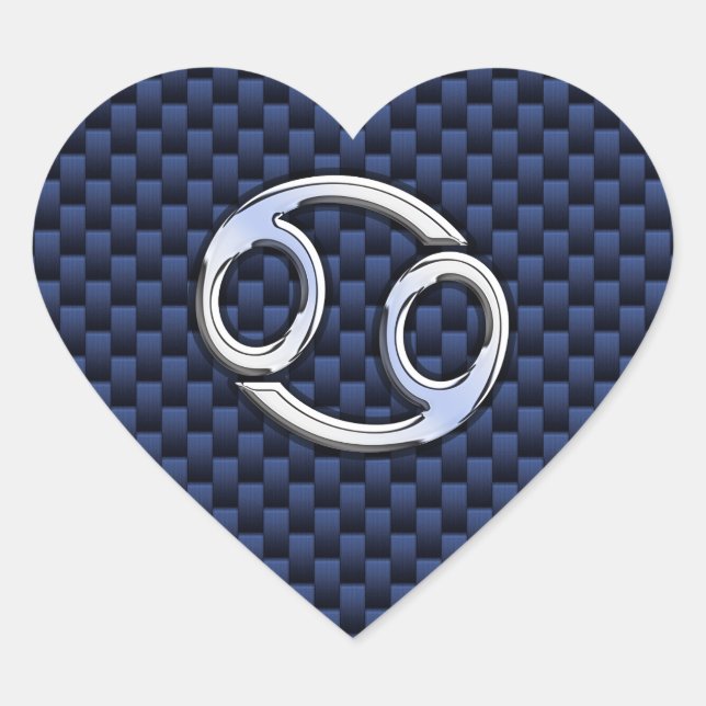 Cancer Zodiac Sign on Navy Blue Carbon Fibre Print Heart Sticker (Front)