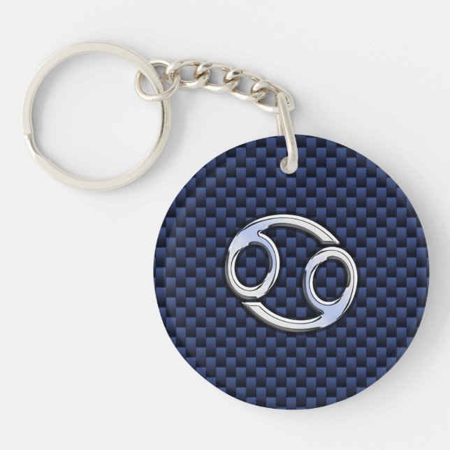 Cancer Zodiac Sign on Navy Blue Carbon Fibre Print Key Ring (Front)