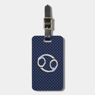 Cancer Zodiac Sign on Navy Blue Carbon Fibre Print Luggage Tag