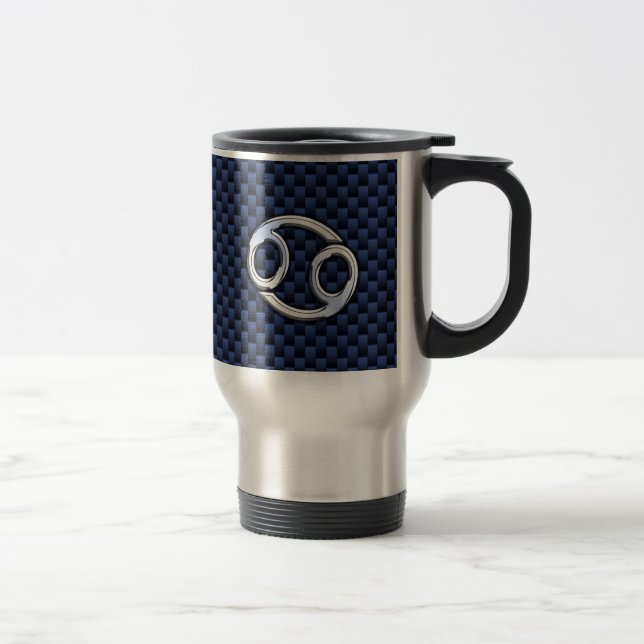 Cancer Zodiac Sign on Navy Blue Carbon Fibre Print Travel Mug (Right)