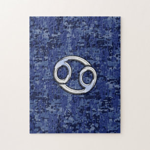 Cancer Zodiac Sign on Navy Blue Digital Camo Jigsaw Puzzle