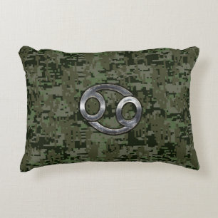 Cancer Zodiac Sign on Olive Green Digital Camo Decorative Cushion