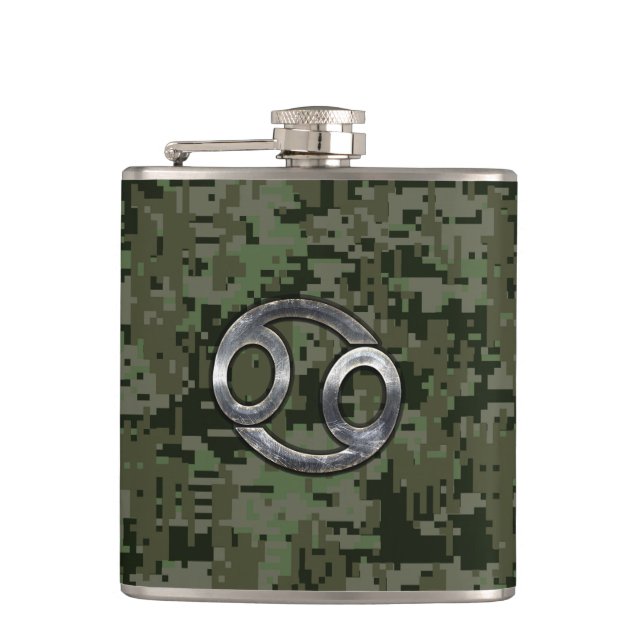 Cancer Zodiac Sign on Olive Green Digital Camo Hip Flask (Front)