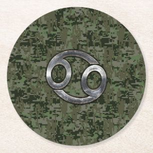 Cancer Zodiac Sign on Olive Green Digital Camo Round Paper Coaster
