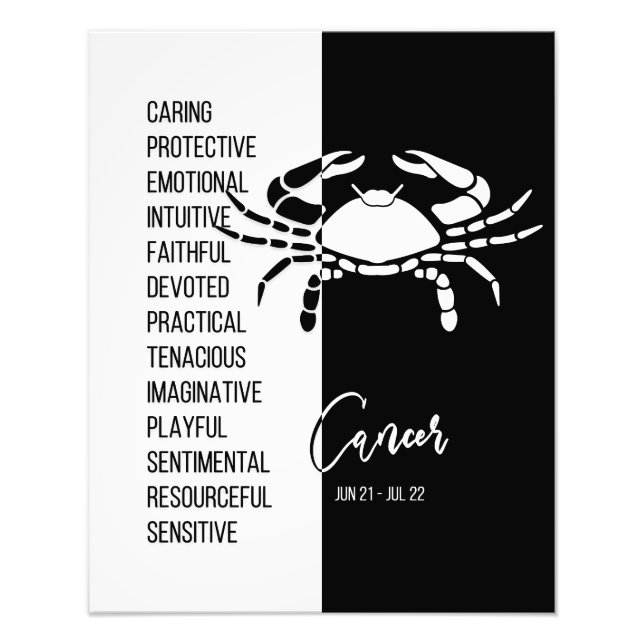 Cancer Zodiac Sign Print, Black & White (Front)