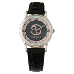 Cancer Zodiac Sign Rose Pink Black Custom Name Watch