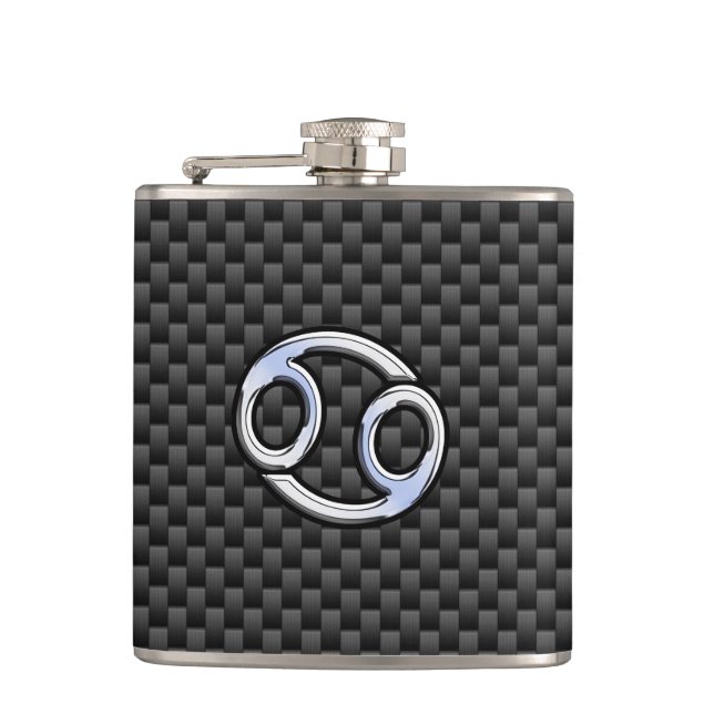Cancer Zodiac Symbol Black Carbon Fibre Print Hip Flask (Front)
