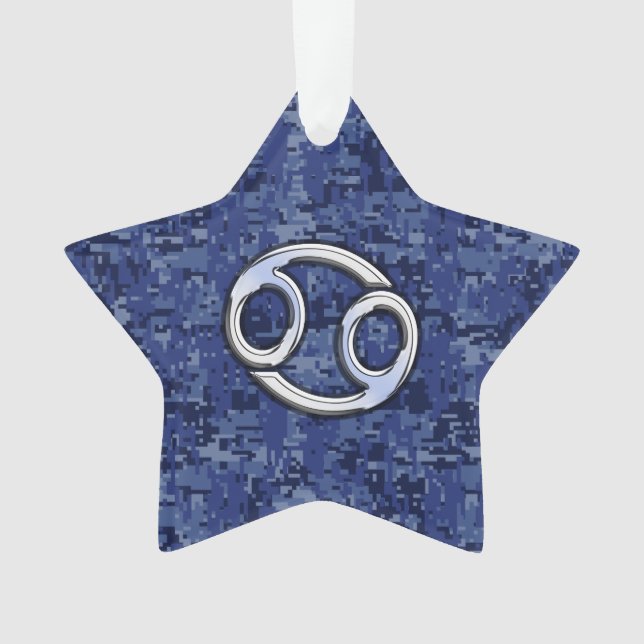 Cancer Zodiac Symbol Navy Blue Digital Camouflage Ornament (Front)