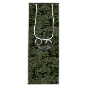 Cancer Zodiac Symbol on Green Digital Camo Wine Gift Bag