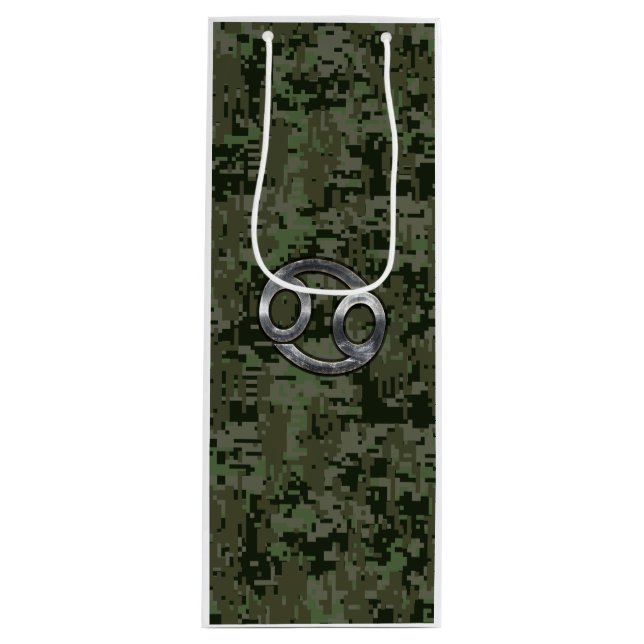 Cancer Zodiac Symbol on Green Digital Camo Wine Gift Bag (Front)