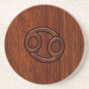 Cancer Zodiac Symbol on Mahogany Style Decor Coaster