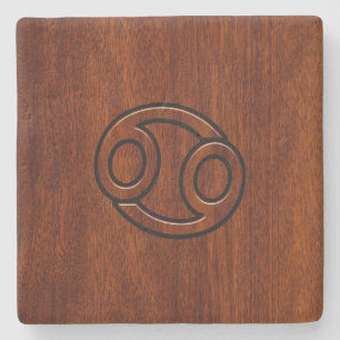 Cancer Zodiac Symbol on Mahogany Style Stone Coaster