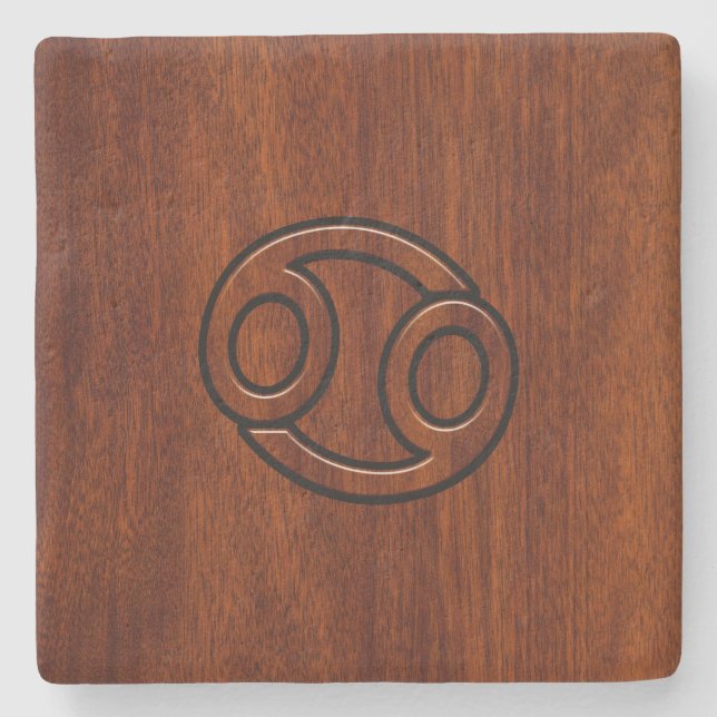 Cancer Zodiac Symbol on Mahogany Style Stone Coaster (Front)