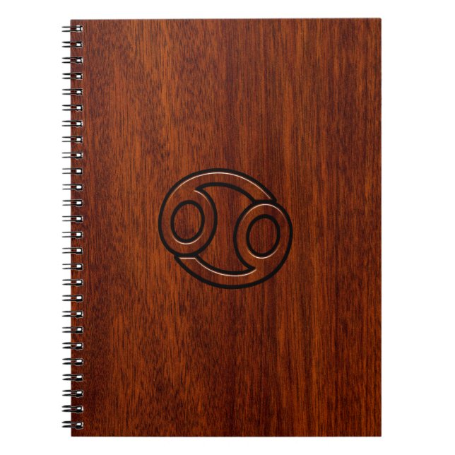 Cancer Zodiac Symbol on Mahogany Wood Style Notebook (Front)