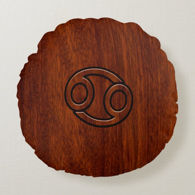 Cancer Zodiac Symbol on Mahogany Wood Style Round Cushion (Front)