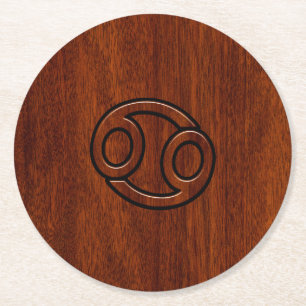 Cancer Zodiac Symbol on Mahogany Wood Style Round Paper Coaster