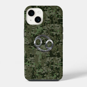 Cancer Zodiac Symbol on Woodland Camo iPhone 14 Case